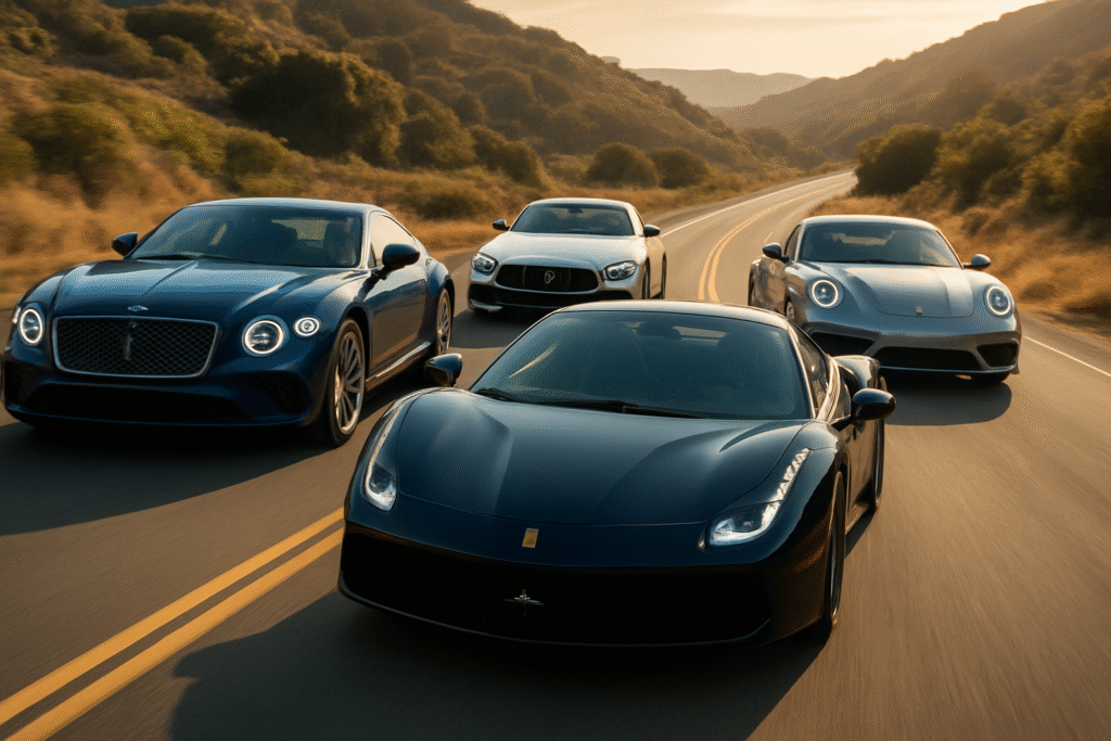4 luxury cars on a road