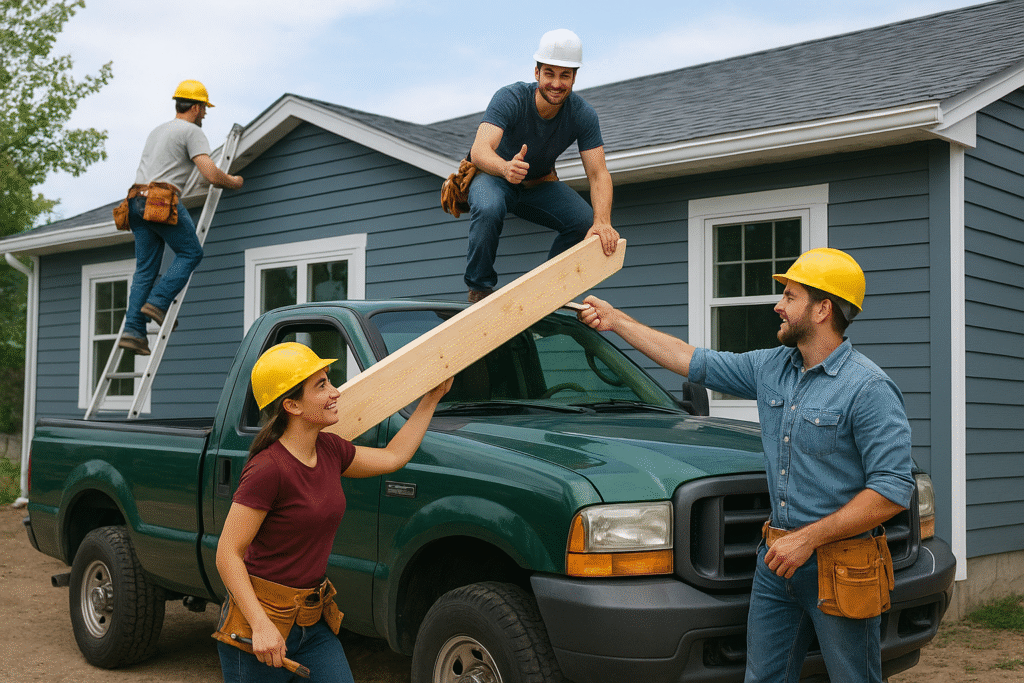 Team working with a pick up truck