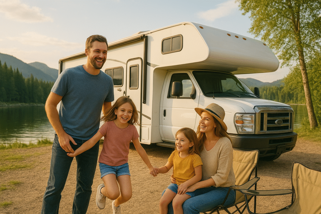 A happy family with a RV in the background